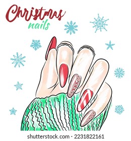 Nail design with decorations, hand drawn Christmas nails, manicure on the background of snowflakes