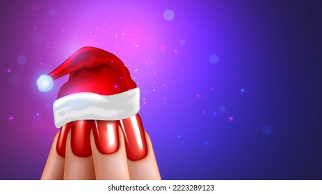 Nail design on Christmas celebration. Close up nails in small red hat of Santa. New year and happy Christmas card banner of sale manicure salon. Beautiful woman hand with extensions red color nails.