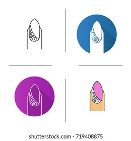 Nail design with rhinestones icon. Flat design, linear and color styles. Isolated vector illustrations