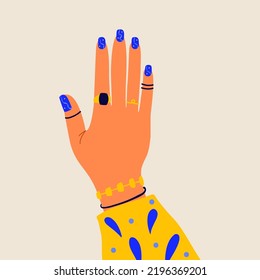 Nail design. Woman hand manicured nails flat cartoon style, cute fashion manicure cosmetics concept. Vector illustration