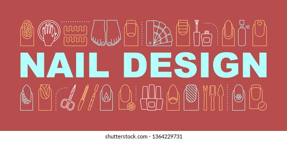 Nail design word concepts banner. Manicure, pedicure service. Nail salon. Isolated lettering typography idea with linear icons. Vector outline illustration