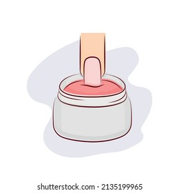 Nail dip system, dipping the nail in a red powder, manicure vector illustration