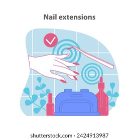 Nail extensions service. A precise application of artificial nails ensuring durability and style. Flat vector illustration.