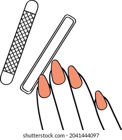 Nail file. Brown stylish nails. Beautiful manicure. File cuts the nail. Vector image isolated on white background.