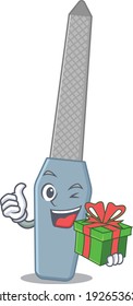Nail file cartoon character concept with a big gift box. Vector illustration