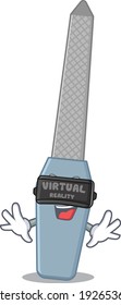 Nail file cartoon image play a game with Virtual Reality headset. Vector illustration