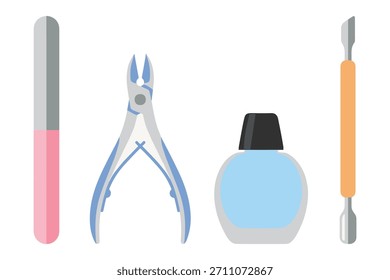 Botella de esmalte de uñas de empujador de cutícula de cortador de lima de uñas para procedimientos de belleza. Herramientas para la Ilustración vectorial de manicura y pedicura.