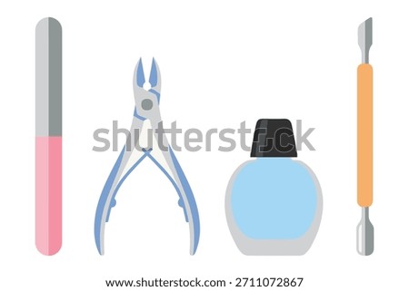Nail file clipper cuticle pusher nail polish bottle for beauty procedures. Tools for manicure and pedicure vector illustration.