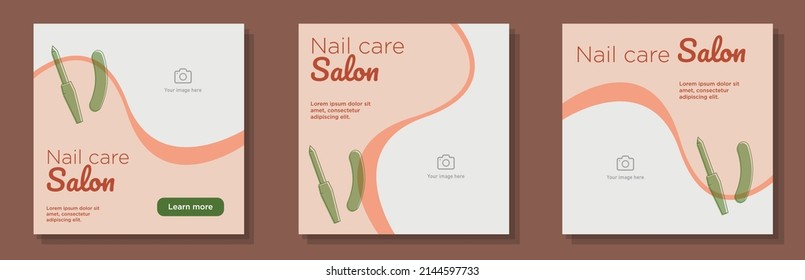 Nail file salon social media post, banner set, pedicure shop advertisement concept, manicure nails marketing square ad, abstract print, isolated on background.