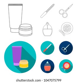 Nail file, scissors for nails, perfume, powder with a brush.Makeup set collection icons in outline,flat style vector symbol stock illustration web.