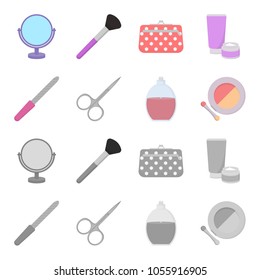Nail file, scissors for nails, perfume, powder with a brush.Makeup set collection icons in cartoon,monochrome style vector symbol stock illustration web.