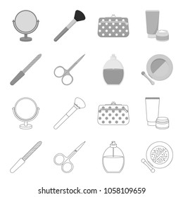 Nail file, scissors for nails, perfume, powder with a brush.Makeup set collection icons in outline,monochrome style vector symbol stock illustration web.
