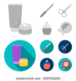 Nail file, scissors for nails, perfume, powder with a brush.Makeup set collection icons in monochrome,flat style vector symbol stock illustration web.