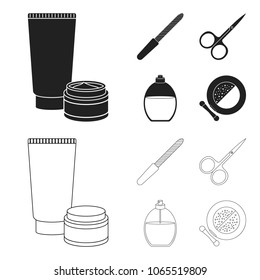 Nail file, scissors for nails, perfume, powder with a brush.Makeup set collection icons in black,outline style vector symbol stock illustration web.