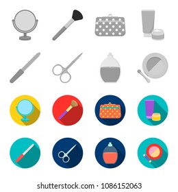 Nail file, scissors for nails, perfume, powder with a brush.Makeup set collection icons in monochrome,flat style vector symbol stock illustration web.