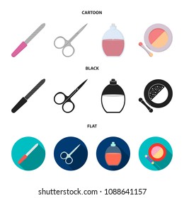 Nail file, scissors for nails, perfume, powder with a brush.Makeup set collection icons in cartoon,black,flat style vector symbol stock illustration web.