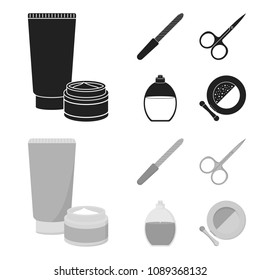 Nail file, scissors for nails, perfume, powder with a brush.Makeup set collection icons in black,monochrom style vector symbol stock illustration web.