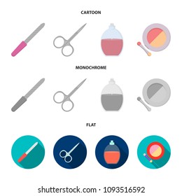 Nail file, scissors for nails, perfume, powder with a brush.Makeup set collection icons in cartoon,flat,monochrome style vector symbol stock illustration web.