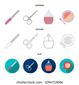 Nail file, scissors for nails, perfume, powder with a brush.Makeup set collection icons in cartoon,outline,flat style vector symbol stock illustration web.