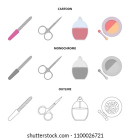 Nail file, scissors for nails, perfume, powder with a brush.Makeup set collection icons in cartoon,outline,monochrome style vector symbol stock illustration web.