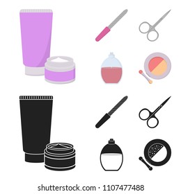 Nail file, scissors for nails, perfume, powder with a brush.Makeup set collection icons in cartoon,black style vector symbol stock illustration web.