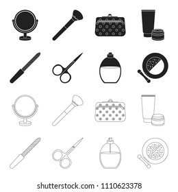 Nail file, scissors for nails, perfume, powder with a brush.Makeup set collection icons in black,outline style vector symbol stock illustration web.