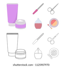 Nail file, scissors for nails, perfume, powder with a brush.Makeup set collection icons in cartoon,outline style vector symbol stock illustration web.