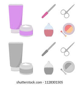 Nail file, scissors for nails, perfume, powder with a brush.Makeup set collection icons in cartoon,monochrome style vector symbol stock illustration web.