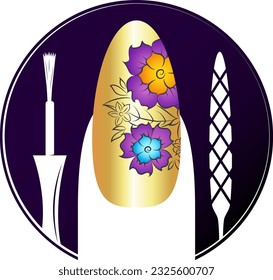 Nail with a flower pattern. Nail file and brush. Design for nail salon and care