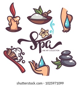 nail, foot, hand spa and care, vector objects and icons collection line art style and lettering composition