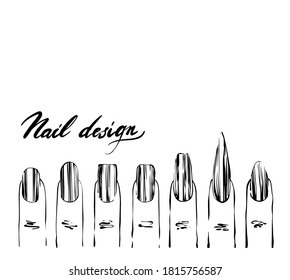 Nail forms, nail design. Female manicure. Set kinds of nails, element design, nails studio. Fashion nail shape. Icons nail shape. Collection of kinds of nails. Vector illustration.