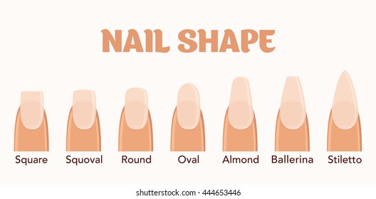 Nail forms. Female manicure. Set kinds of nails. Fashion nail shape. Icons nail shape. Collection of kinds of nails. Fashion trends. Vector illustration.