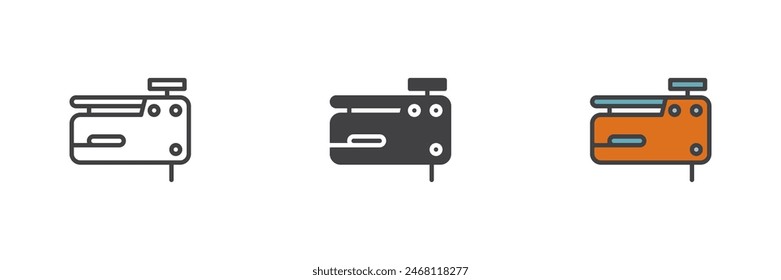 Nail gun different style icon set. Line, glyph and filled outline colorful version, outline and filled vector sign. Nailer symbol, logo illustration. Vector graphics