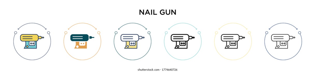 Icono de pistola de clavos en estilo relleno, delgado, contorno y trazo. Ilustración vectorial de dos diseños de vectores de pistolas de uñas de color y negro se pueden utilizar para móviles, ui, web