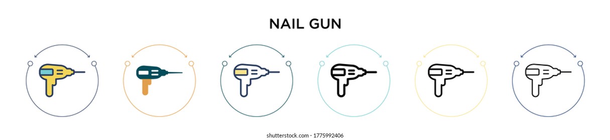 Icono de pistola de clavos en estilo relleno, delgado, contorno y trazo. Ilustración vectorial de dos diseños de vectores de pistolas de uñas de color y negro se pueden utilizar para móviles, ui, web