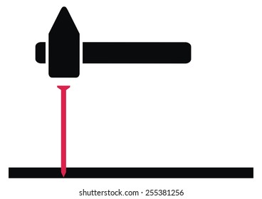 nail and hammer, black and red vector icon