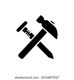 Nail and Hammer Icon Crossed Black Filled Flat