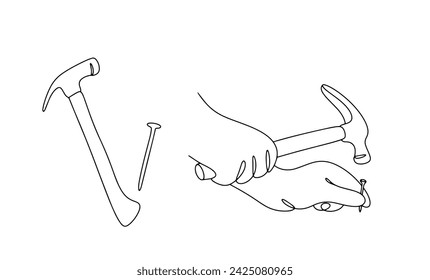 Nail and hammer. A man hammers a nail. Construction and repair. Vector illustration. Images produced without the use of any form of AI software at any stage. 