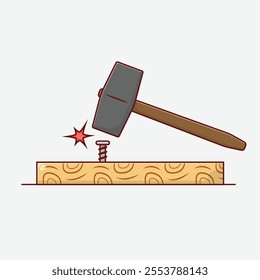 Nail Hammered on Wooden Plate Vector Icon Illustration with Outline for Design Element, Clip Art, Web, Landing page, Sticker, Banner. Flat Cartoon Style