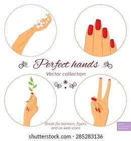 Nail And Hand Care Illustration Set. Elegant Female Hands With Different Nail Polish. Manicure Icon Set. Vector 