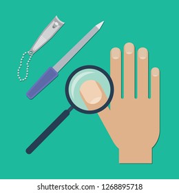 Nail health and care. Close up nail and nail care tools in flat design. Vector illustration of healthy nails.