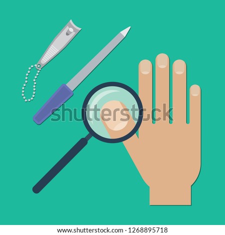 Nail health and care. Close up nail and nail care tools in flat design. Vector illustration of healthy nails.