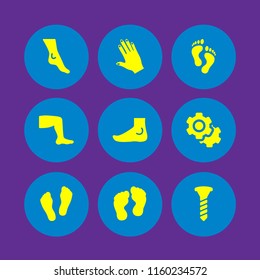 nail icon. 9 nail set with screw, feet, foot and nails vector icons for web and mobile app