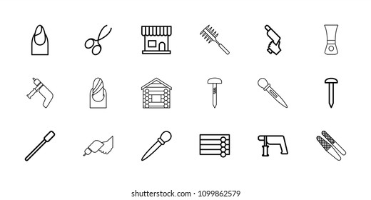 Nail icon. collection of 18 nail outline icons such as wooden wall, beauty salon, manicure scissors. editable nail icons for web and mobile.