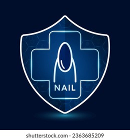 Nail icon inside shield with medical sign symbol cross futuristic. Medical health care innovation immunity protection. On dark blue background. Human lungs organ simple flat outline vector.