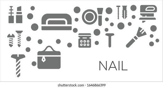 nail icon set. 11 filled nail icons.  Simple modern icons such as: Make up, Nail dryer, Screw, Eye shadow, Cosmetics, Makeup, Fretsaw