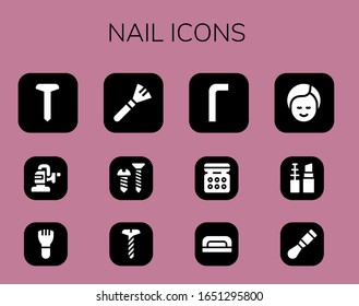 nail icon set. 12 filled nail icons. Included Screw, Polisher, Makeup, Allen keys, Eye shadow, Nail dryer, Make up, Chisel icons