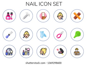 nail icon set. 15 flat nail icons.  Collection Of - nail polish, chisel, screw, makeup, clippers, clave, nasal aspirator, make up, carpenter