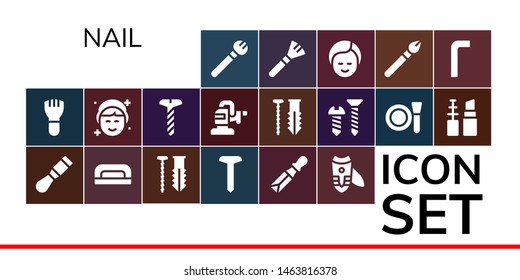 nail icon set. 19 filled nail icons.  Collection Of - Makeup, Chisel, Nail dryer, Screw, clippers, Polisher, Make up, Allen keys