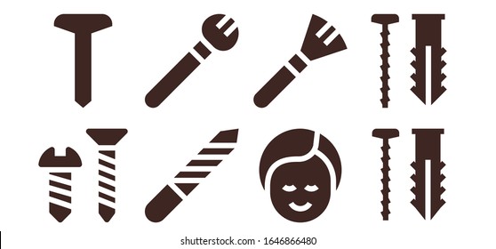 conjunto de iconos de uñas. 8 iconos llenos de uñas. Iconos de tornillo, archivo Nail, maquillaje incluidos